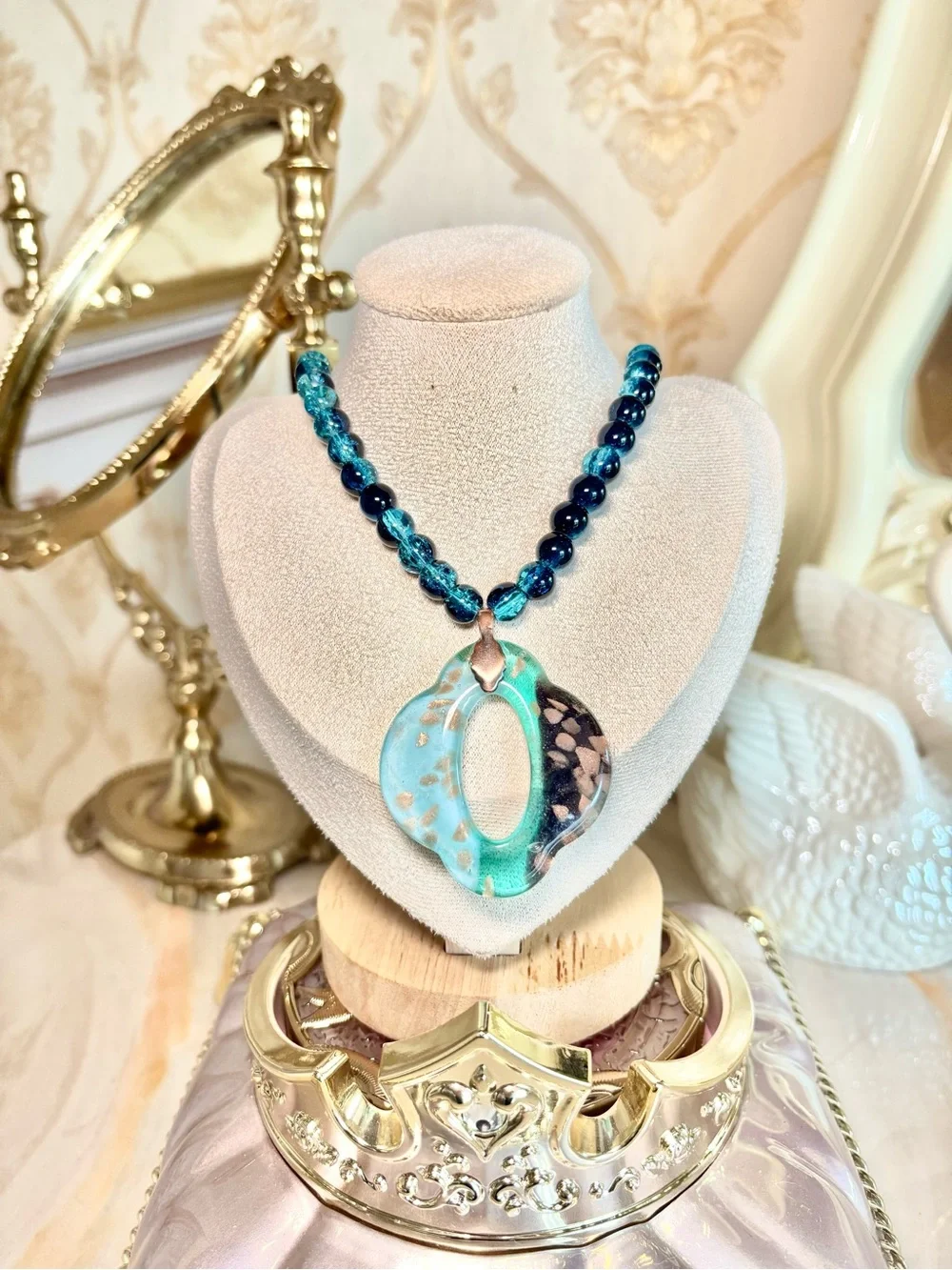 One of a kind handmade Turquoise Black Glass Pendant Necklace/Magnetic statement